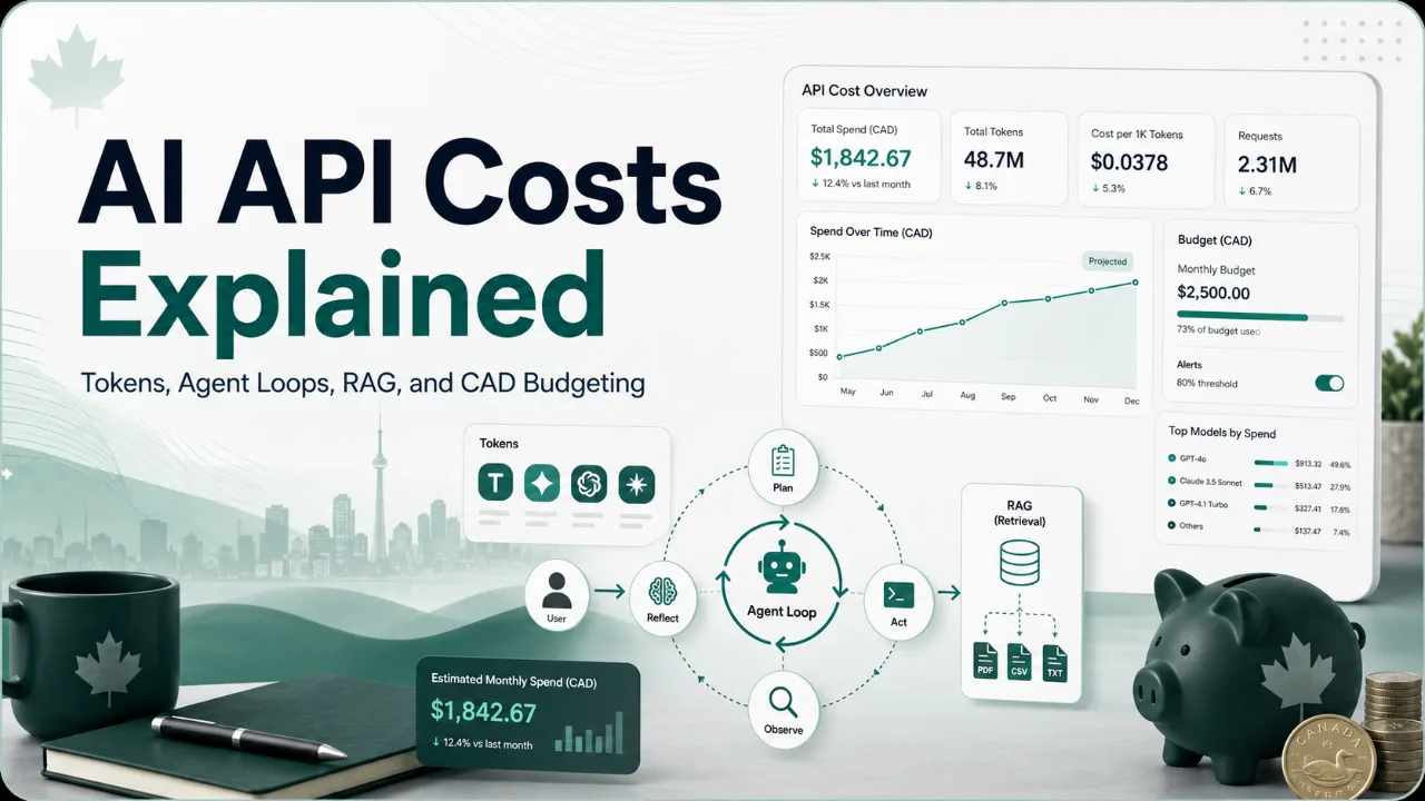 AI API costs explained graphic showing tokens, agent loops, RAG retrieval, CAD budgeting, and Canadian business planning dashboard