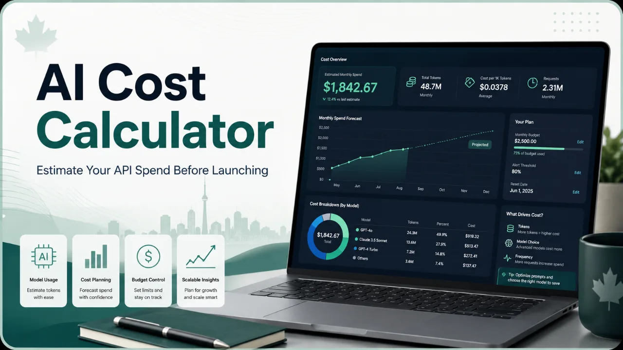 AI cost calculator article graphic showing API spend planning, model usage, budget control, and Canadian dollar cost dashboard