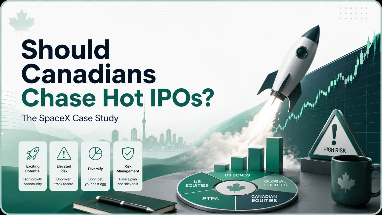 SpaceX hot IPO case study graphic for Canadian investors showing risk warning, diversified portfolio chart, rocket, and market hype context