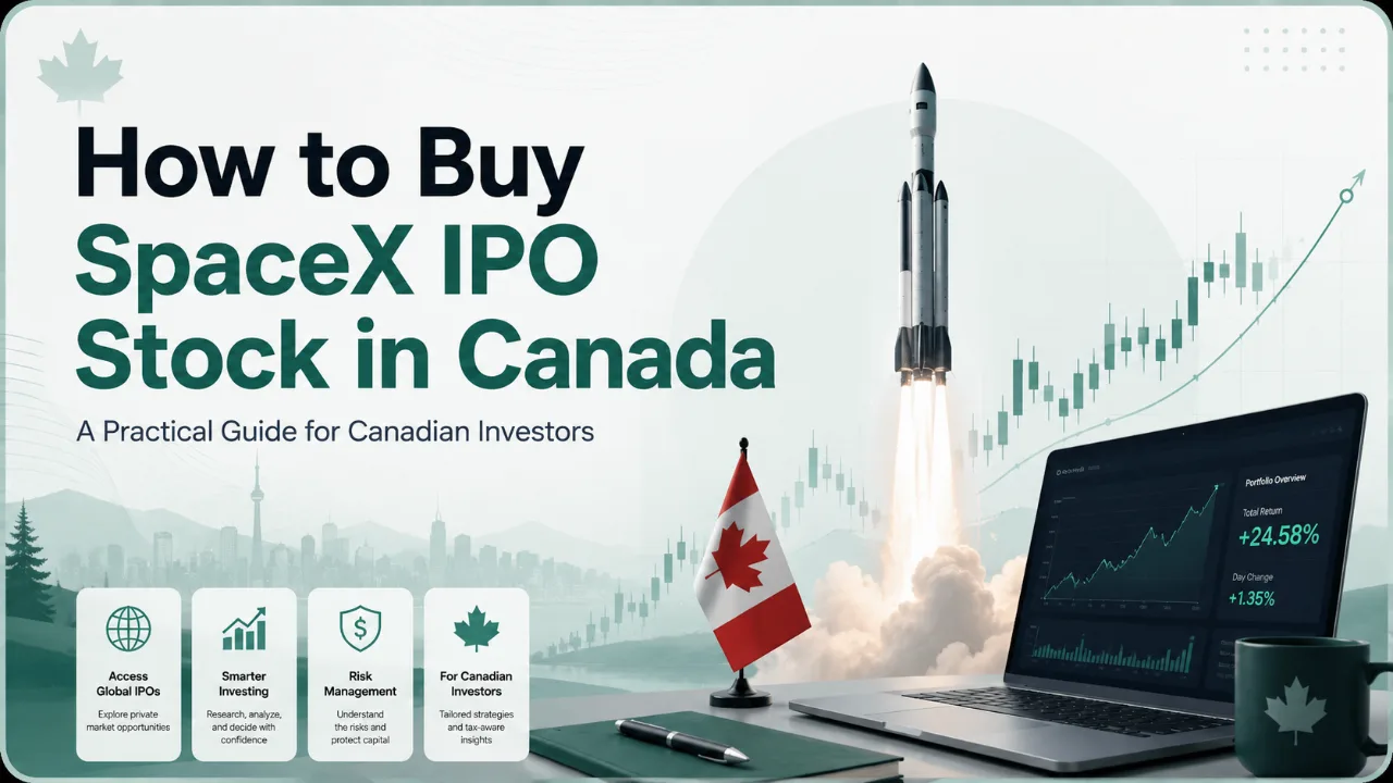 How to buy SpaceX IPO stock in Canada article graphic with rocket launch, Canadian flag, portfolio dashboard, and investor decision icons